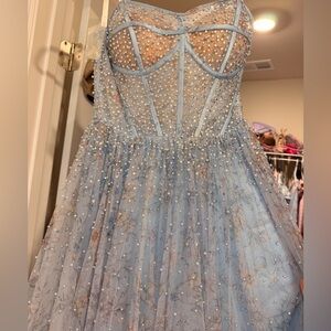 Jovani Light Blue Beaded Tulle Evening Gown